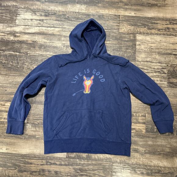 Life is Good Hoodie Horse Eating Women’s Medium Runs Small Sweatshirt Blue - Picture 1 of 4